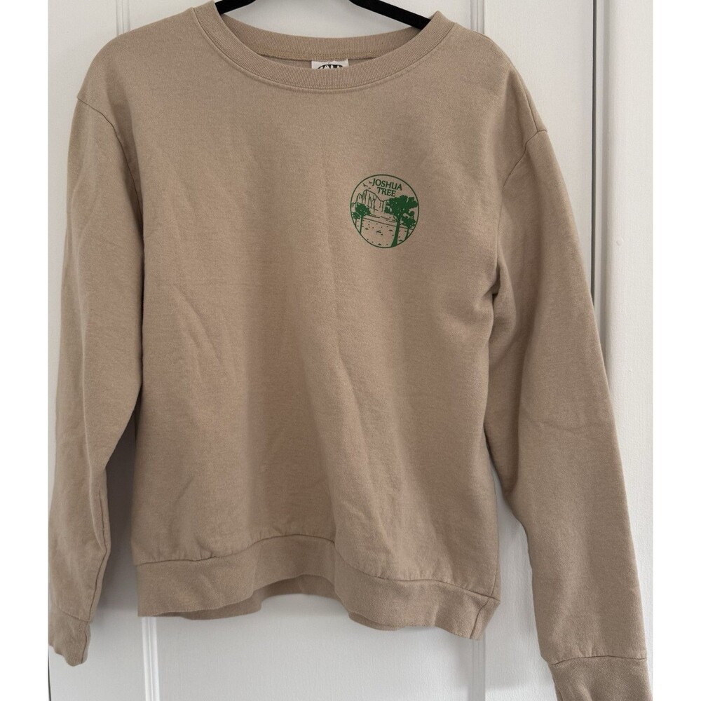 Call Your Mother Beige Joshua Tree Graphic Fleece Cotton Crewneck Sweatshirt M